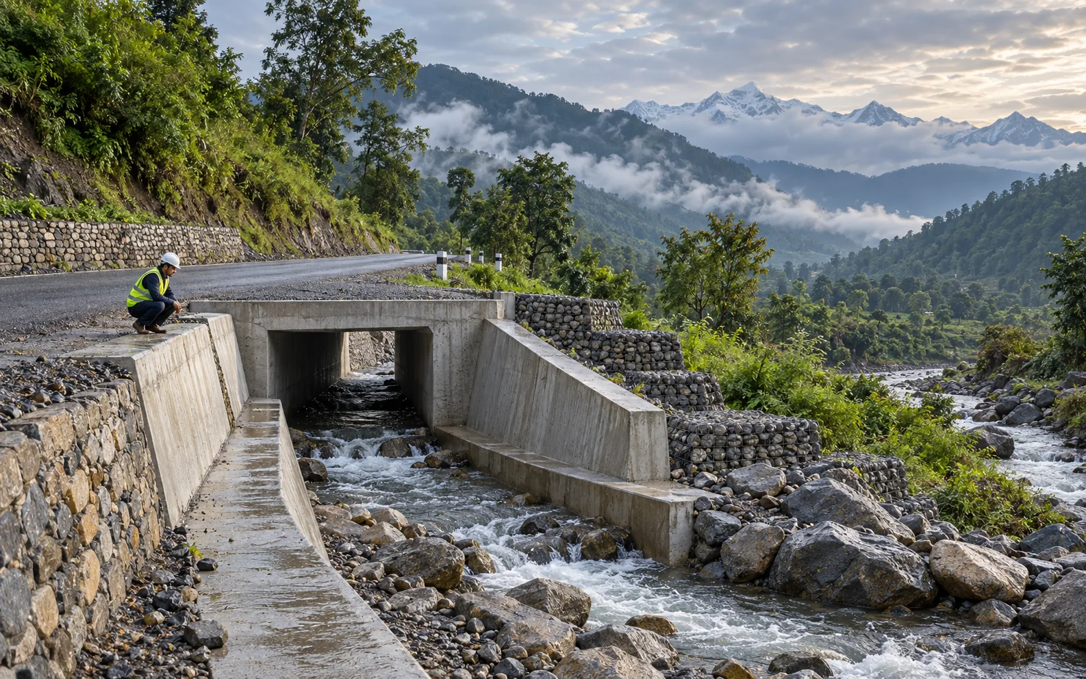 Concrete box culvert, drainage channel and gabion protection beside a Nepal hill road