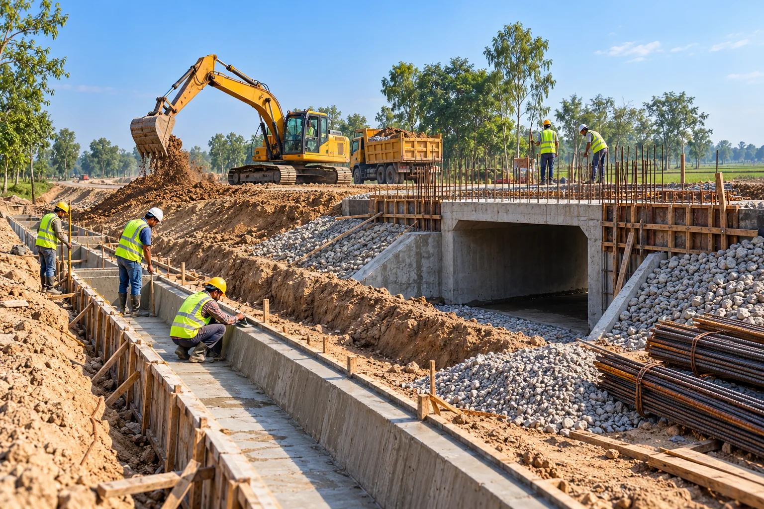 Workers checking a reinforced concrete roadside drain and box culvert under construction