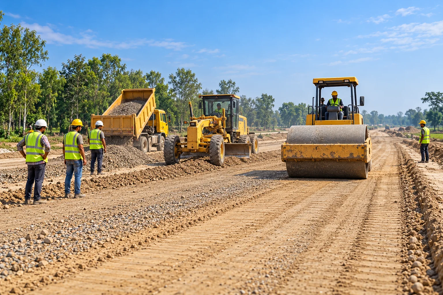 Road formation in progress with a grader, roller, aggregate truck and site crew in safety clothing