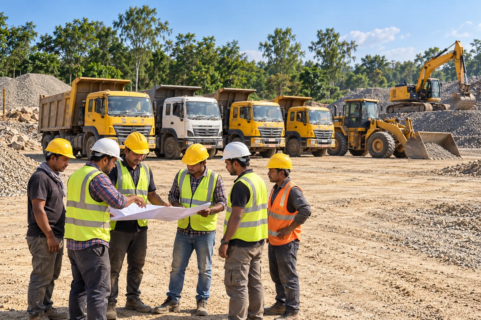 Construction crew reviewing site plans in front of dump trucks and heavy equipment at an aggregate yard